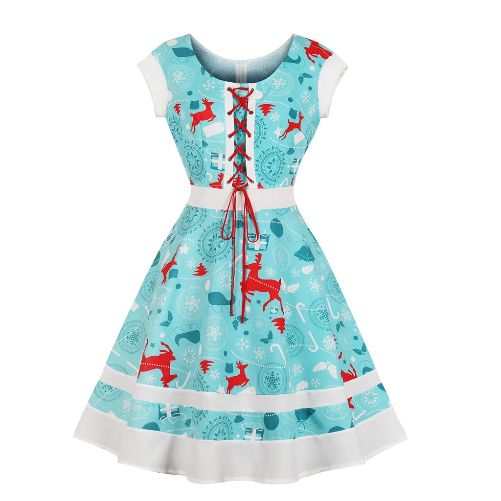 elk bow Wear Short Sleeve dresses Christmas Snow ski Women dress Printing Bandage Round Collar dress Vestido Sukienki Jurken#ZC