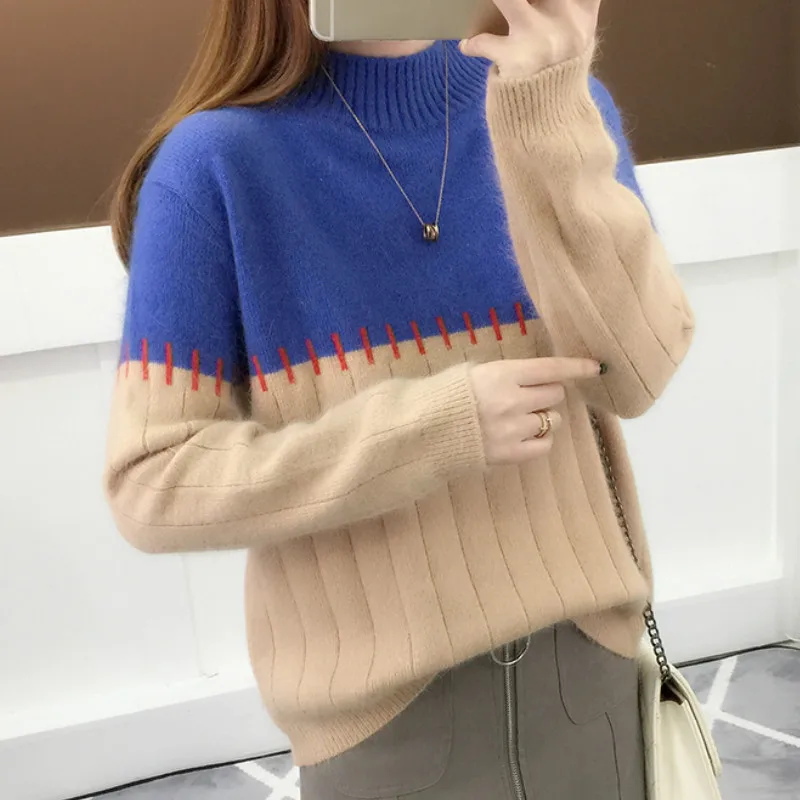 Neploe вязаные свитеры женские корейские полувысокие свободные пуловеры с круглым вырезом короткие Лоскутные Pull Femme осень-зима 46722 - Цвет: photo color  2