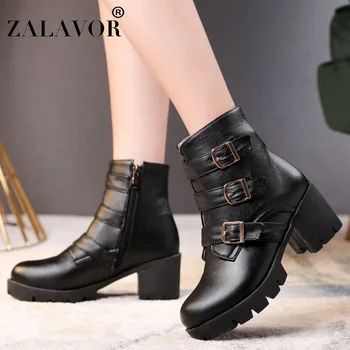 

ZALAVOR Fashion Buckle Winter Warm Ankle Boots For Women Zipper Round Toe Thick Heel Shoes Platform Women Footwear Size 34-46