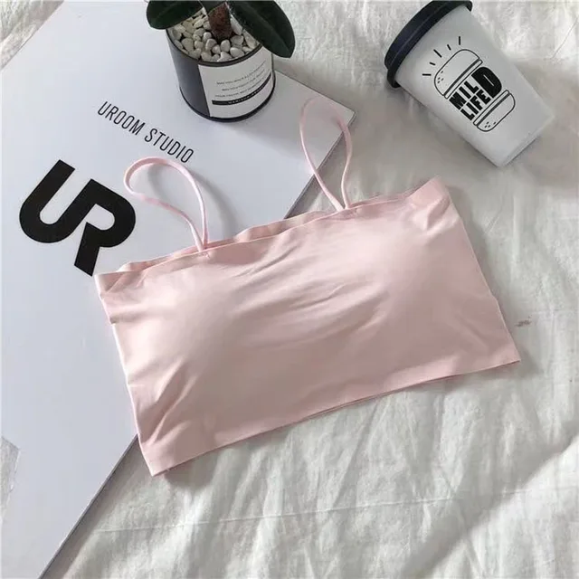 Summer Women Sling Tube Top Sexy Bra Top Breathable Chest Pad Wearing Underwear Seamless Ice Silk Breast Wrap Lingerie Female Pink
