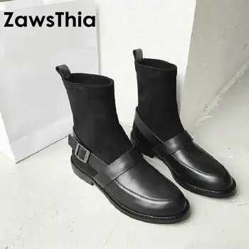 

ZawsThia 2020 winter autumn luxury brand woman shoes genuine leather low heels mid-calf boots women stretch boots with buckle
