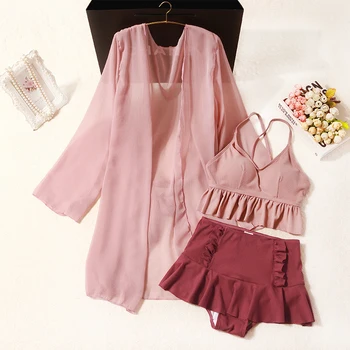 

Swimsuit Female Insfeng Sling Top Split Skirt Bikini Long-sleeved Sunscreen Top Summer Beach Swim Skirt Spa Three-piece Bikini