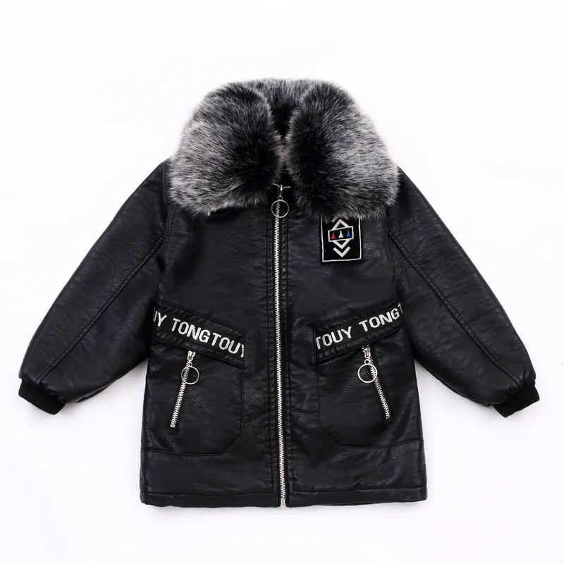 

2019 new boy leather clothing children's jacket autumn and winter models plus velvet thickening