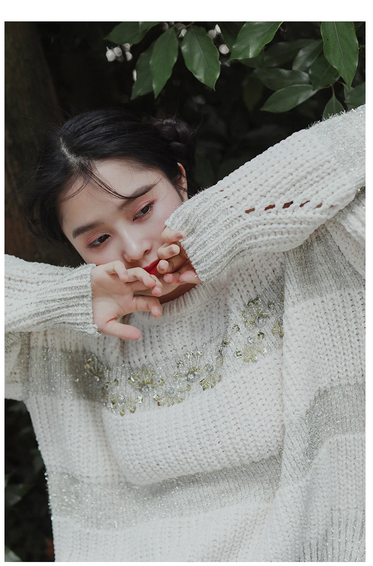 Fall2019Women осень Повседневное Ультра свободные Modis ленивый Стиль больших размеров с блестящим серебряным корпусом, ручная работа, пуловер, украшенный бисером Короткие трикотажные свитера