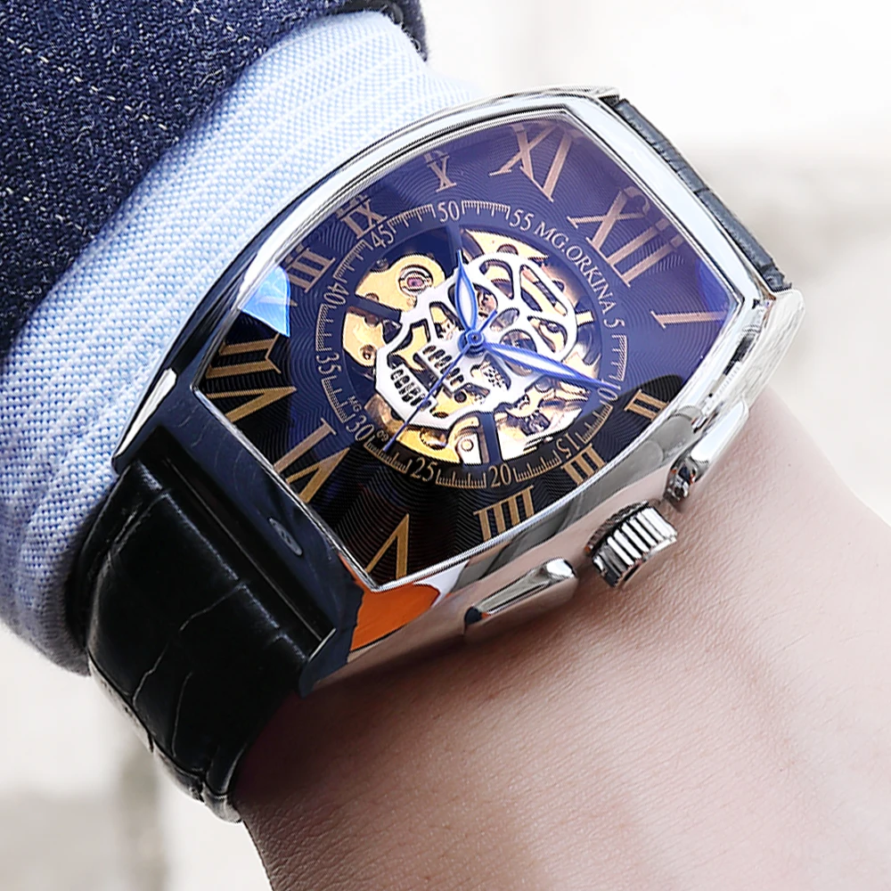 Relogios New 2020 Luxury Brand Hollow Skeleton Dial ORKINA Automatic Mechanical Leather Band Fashion Skull Wrist Watches for Men | Наручные