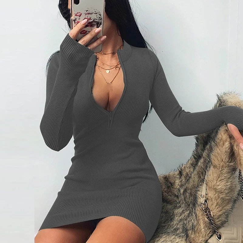 Vestido corto ajustado de Color liso con cremallera para mujer, minivestido Sexy con escote en V, cintura alta, manga larga, 2021