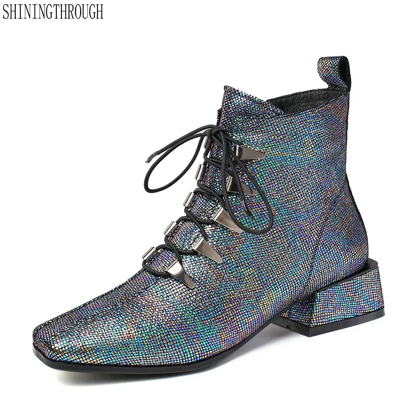 

Shiny Genuine Leather Boots Women lace up square Toe Ankle Boots Autumn Winter Party Shoes Woman Vintage Motorcycle Boots