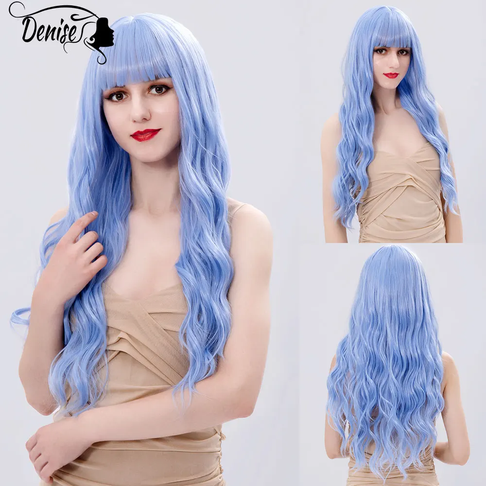 

Cosplay Long Blue Wave Natural Hair Synthetic Wigs With Bangs For White Women Heat Resistant Daily Female Colored Fiber Wig