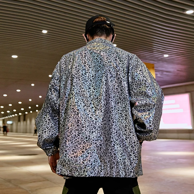 Men New Reflective Jacket Male Women Loose Casual Streetwear Hip Hop Coat Outerwear Club DJ Stage Clothing