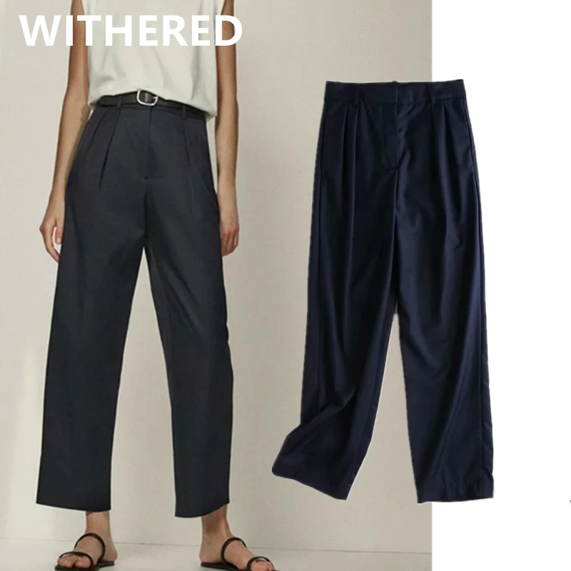 Maxdutti  trousers women england simple fashion navy pleated casual ankle suit pants women pantalones mujer pantalon femmesets adagirl new fashion pleated jeans women streetwear high street vintage wide leg cargo pants harajuku baggy mujer flare trousers