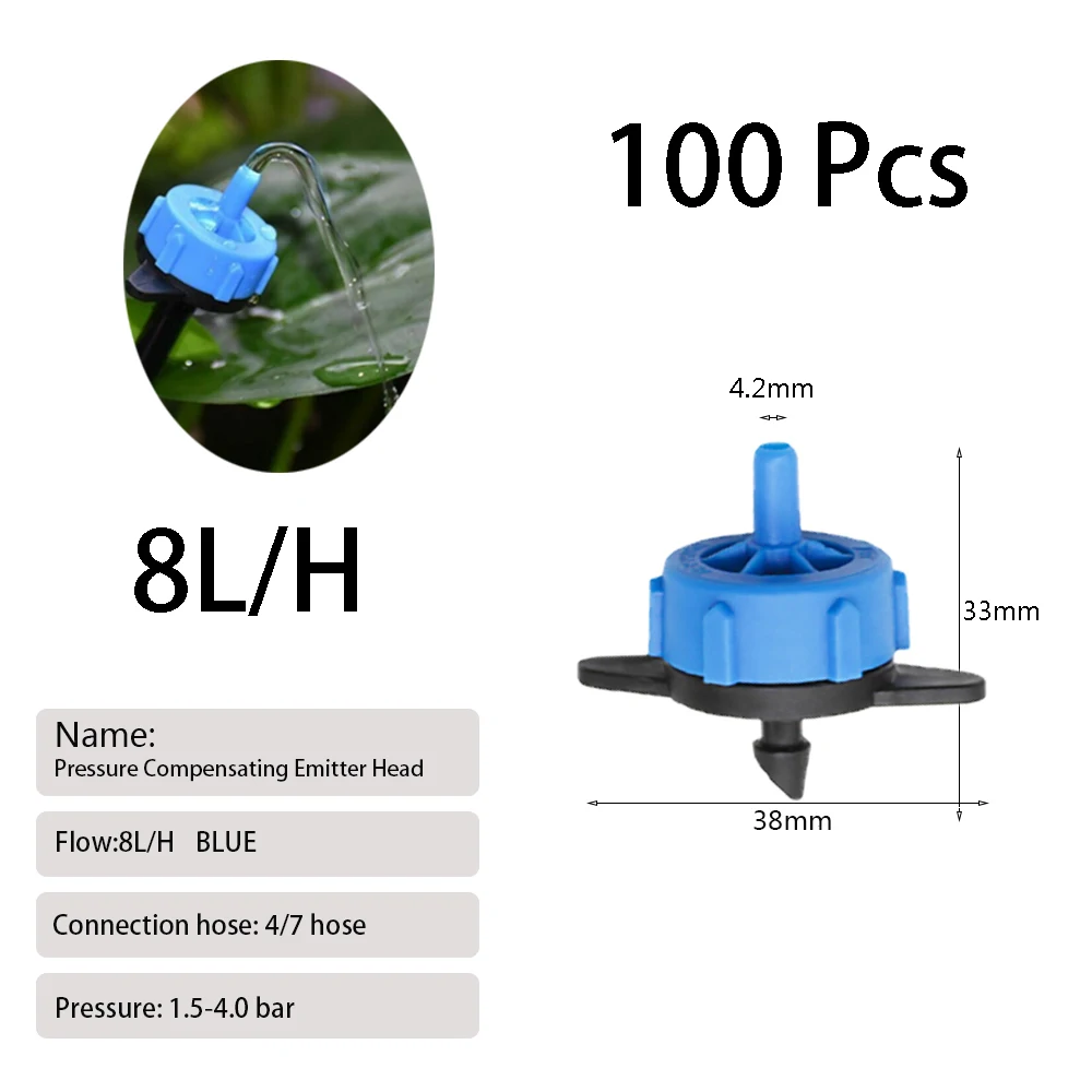 100/200 Pcs 2L/4L/8L Pressure Compensating Drip Emitters Adjustable Drippers Micro Connectors for Garden Lawn Drip Irrigation 