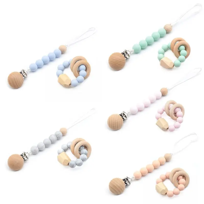 

Hot Sell Newborn Wood Toy Nipple Pacifier Chain Molar Bracelets Baby Teether Set