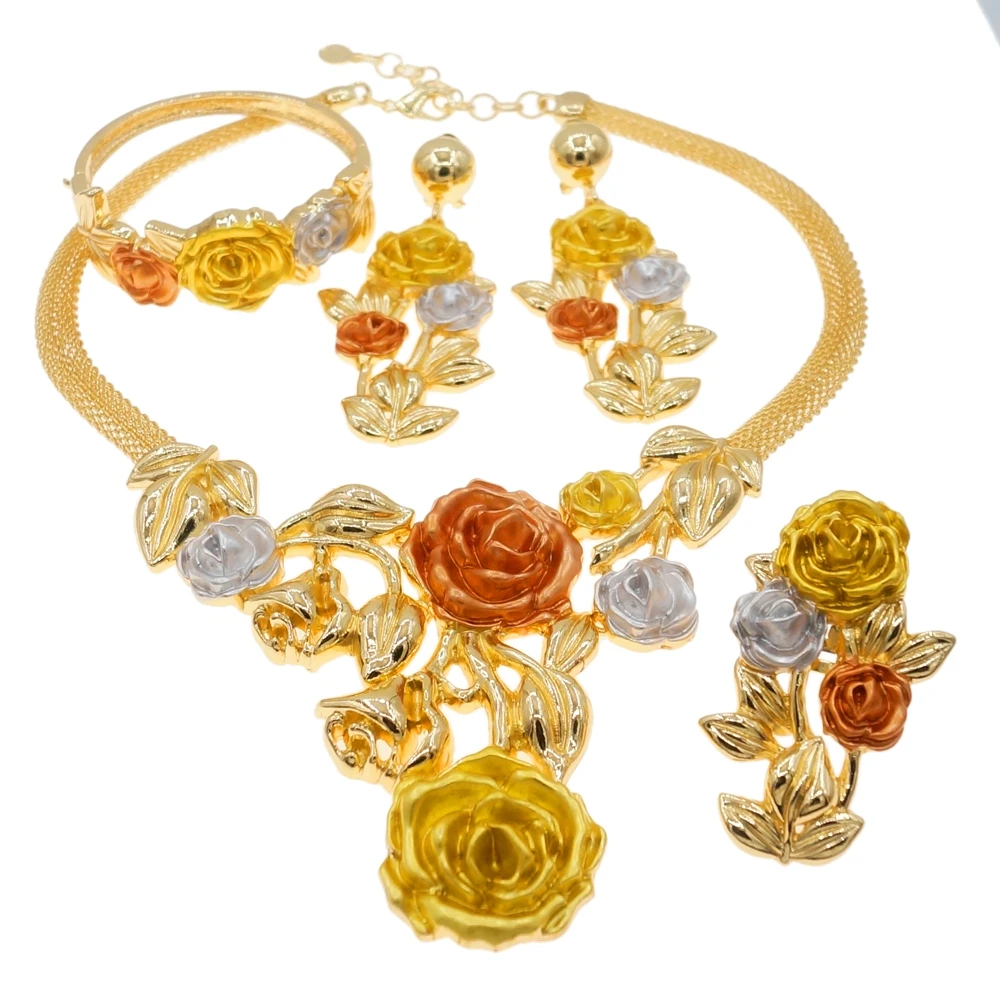Newest Italian Jewelry Set High Quality Color Rose Flower Necklace Wedding Party Fashion Earring Bracelet H0085
