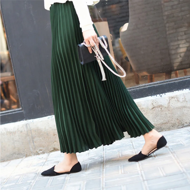 Женская шифоновая плиссированная длинная юбка с высокой талией, однотонные макси юбки для женщин, весна-лето, модные повседневные юбки для женщин - Цвет: Зеленый