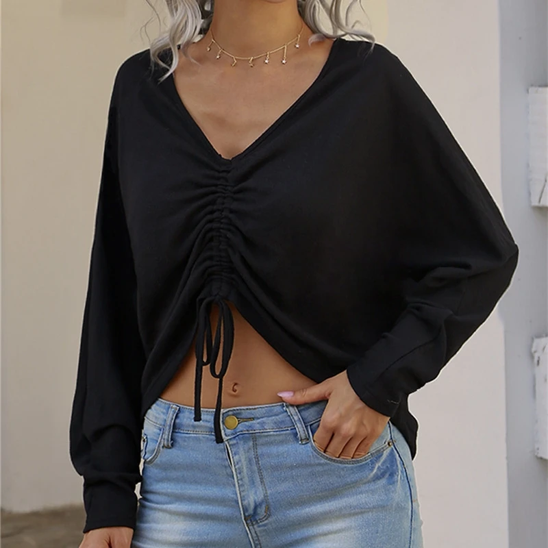 Autumn Women's Black Long-sleeved Top V-neck Draped Lace-up T-shirt With Cropped Navel Ladies Loose Sexy Bottoming Shirt