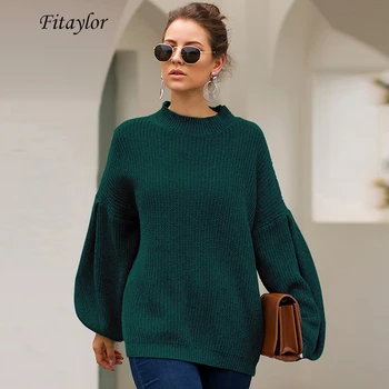 

Fitaylor Winter Women Lantern Sleeve Elegant Knitted Tops Loose Knitted Sweater Pullovers Solid Casual Female Knitted Top Jumper