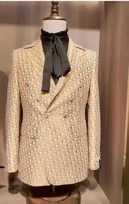 luxury fashion golden pattern wedding suits for men lapel double breasted groom slim fit party formal Blazer man only jackets