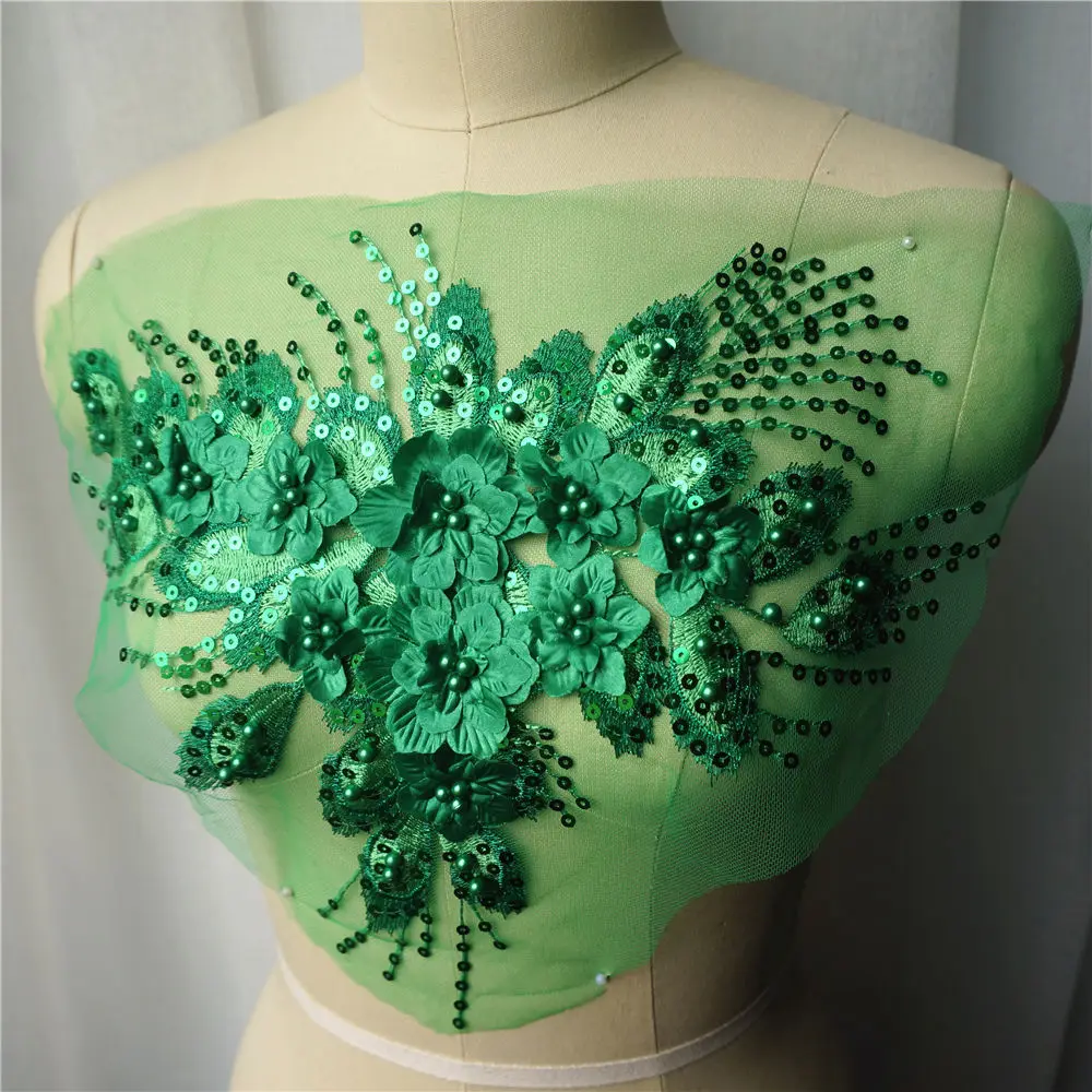 Зеленая блестящая кисточка 3D цветок Роза кружевная ткань с бусинами вышитая одежда аппликации Воротник Сетки пришить патч для свадебного украшения DIY