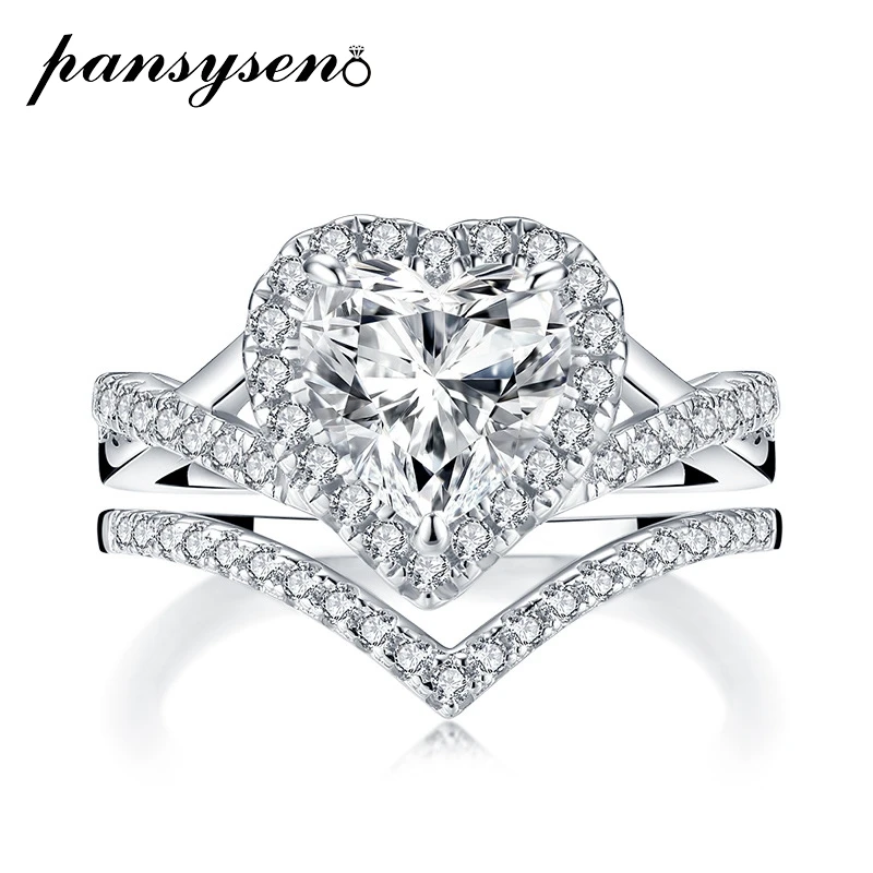 

PANSYSEN 925 Sterling Silver 8mm Simulated Moissanite Diamond Heart Cut Halo Bridal Wedding Engagement Ring Sets Fine Jewelry