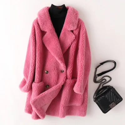 Новое зимнее пальто высокого качества кашемир мех пальто женские модные двубортные толстые теплые меховые куртки женские свободные пальто - Цвет: Rose Red
