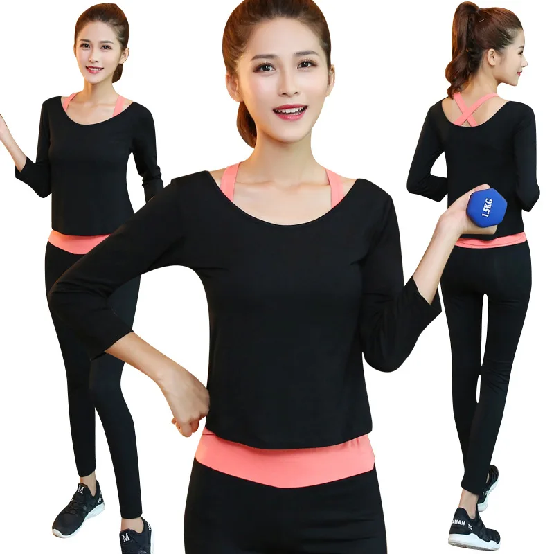

Back Gym-Piece Suit Autumn And Winter Set Women's Long-Sleeve Sports Cross Three Yoga Mo Stripes Running Clothing