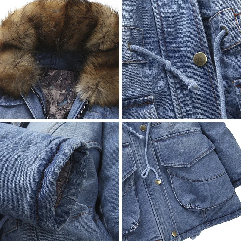 WENYUJH новое зимнее женское деним с мехом пальто с воротником теплое джинсовое пальто с капюшоном однотонное модное хлопковое винтажное джинсовое пальто Верхняя одежда