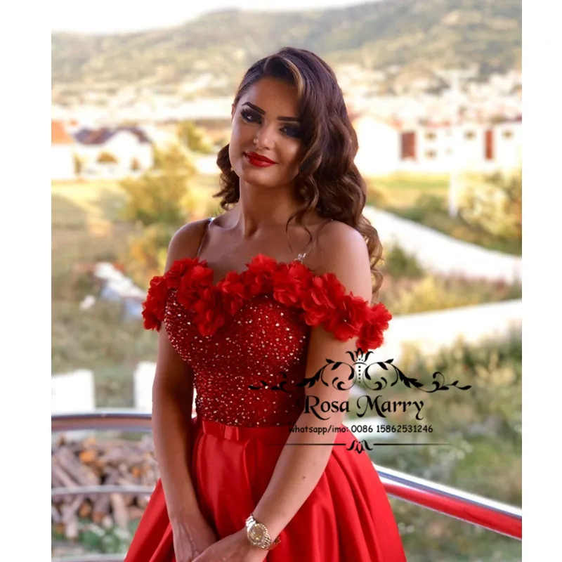 

Luxury Red Plus Size Prom Dresses 2020 A Line Off Shoulder Sequins Beaded 3D Flowers Cheap Long Satin vestidos de fiesta largos