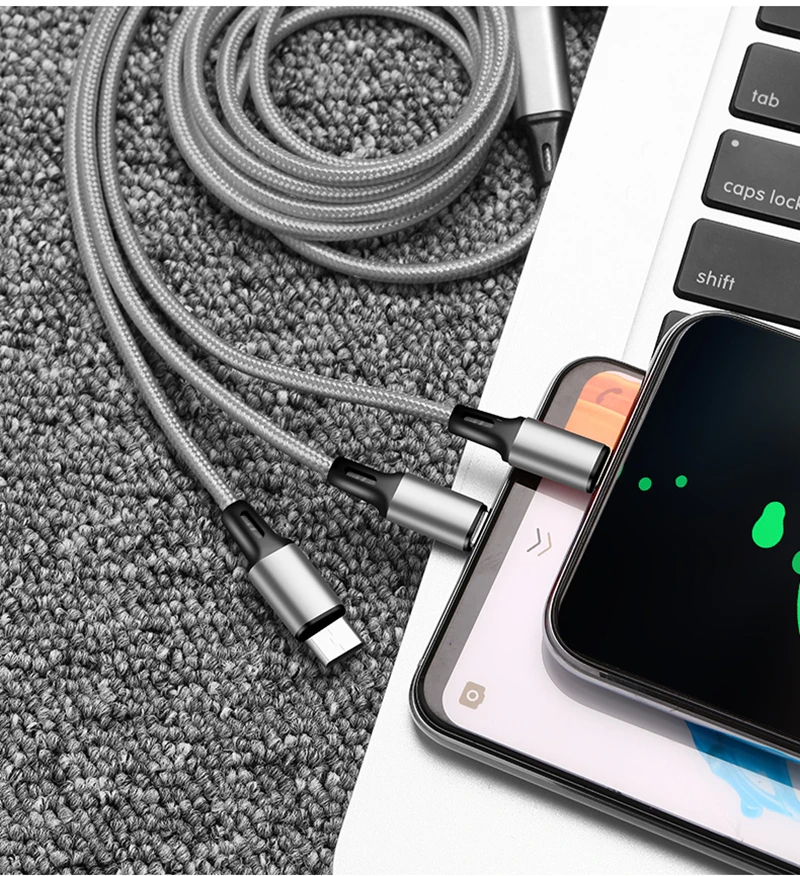 3 в 1, зарядный usb-кабель для мобильного телефона, Micro usb type-C, кабель для передачи данных для samsung, huawei, нейлоновый плетеный шнур зарядного устройства для iPhone Xs - Цвет: Серебристый