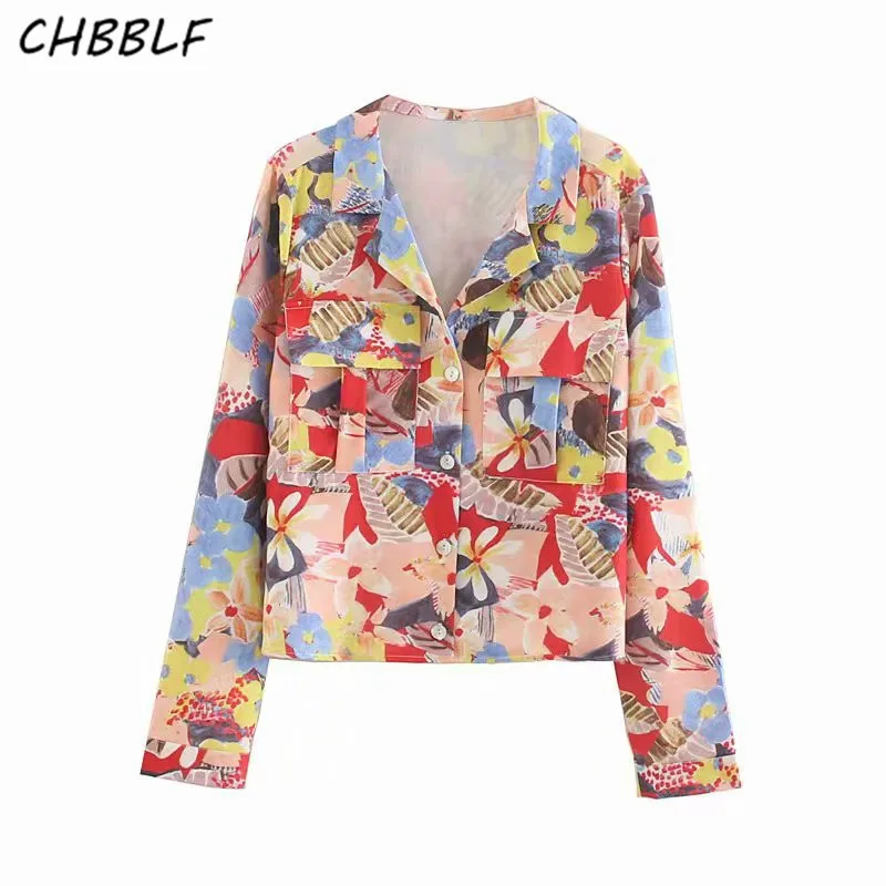 

CHBBLF women elegant print blouses pockets decorate long sleeve turn down collar shirt female casual stylish tops blusas O9227