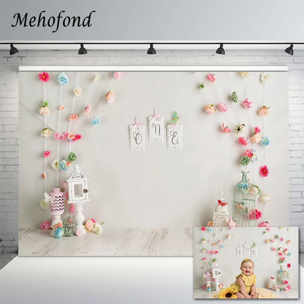 

Mehofond Girl 1st Birthday Background White Wall Pink Flower Wood Floor Portrait Party Photography Backdrop Studio Photophone