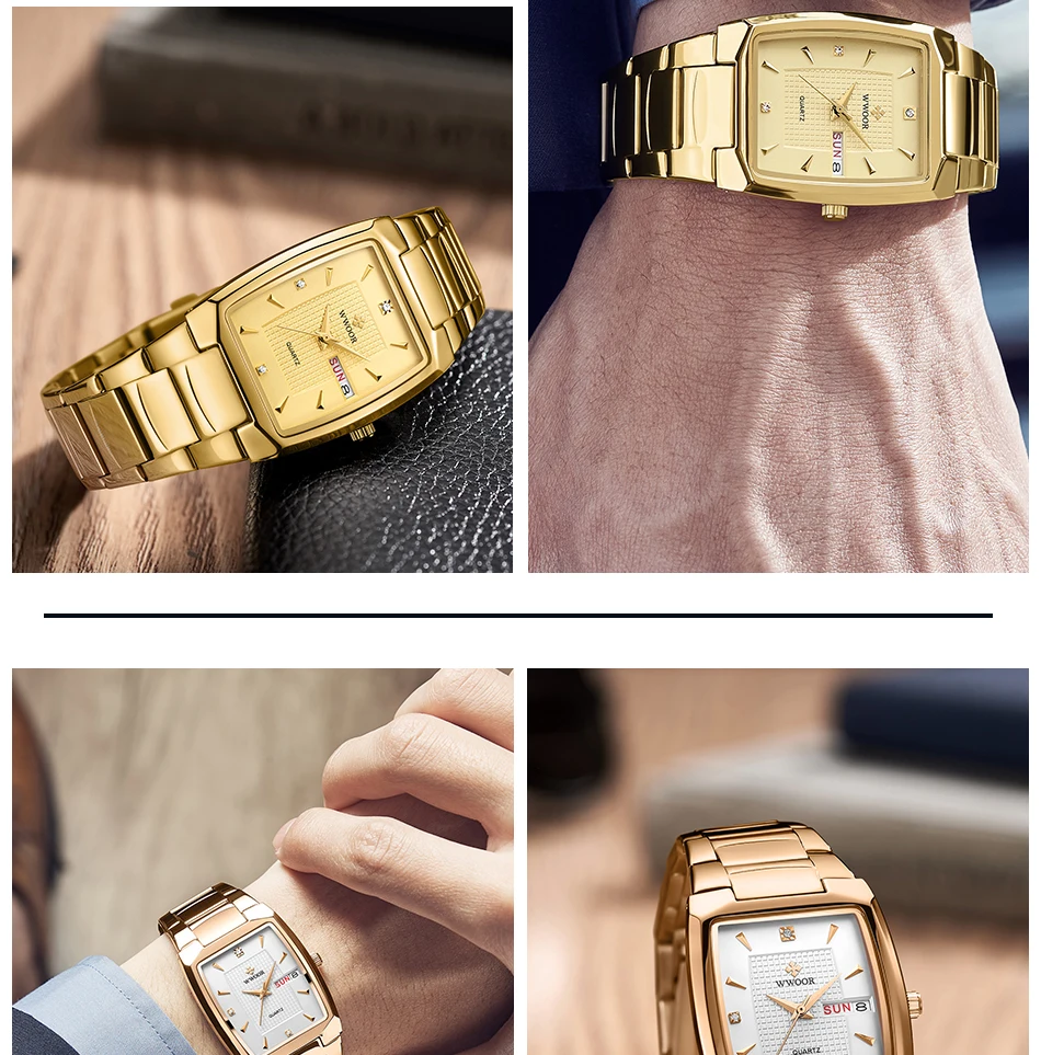 Watches Men WWOOR Brand Casual Simple Men's Quartz Clock Rose Gold Square Waterproof Week Display Wristwatches Relogio Masculino