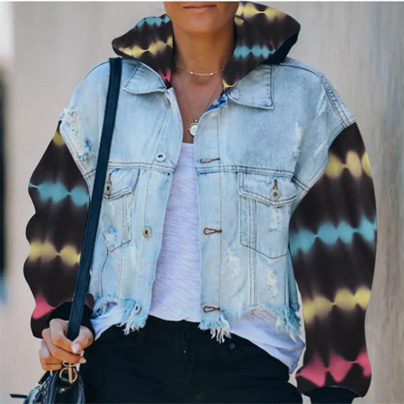 Tie Dye Hooded Denim Irregular Women's Jackets Hole Batwing Sleeve Patchwork Pocket Female Coats Autumn Streetwear Lady Outwear | Женская