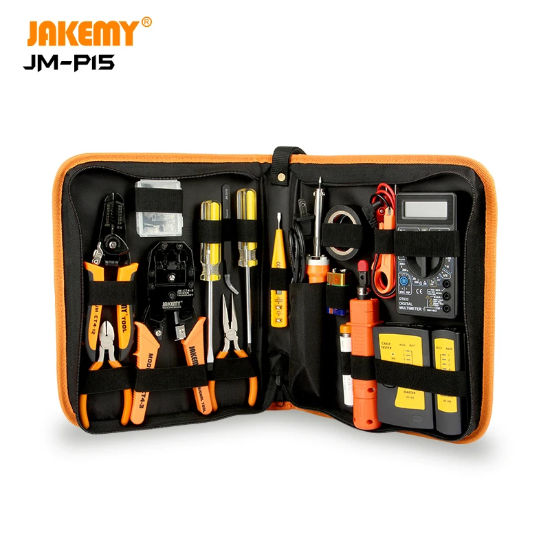 

JAKEMY JM-P15 Original 17 In 1 Electrician Network Screwdriver DIY Repair Tool Set Soldering Iron Pliers Tweezers LAN Tester Kit