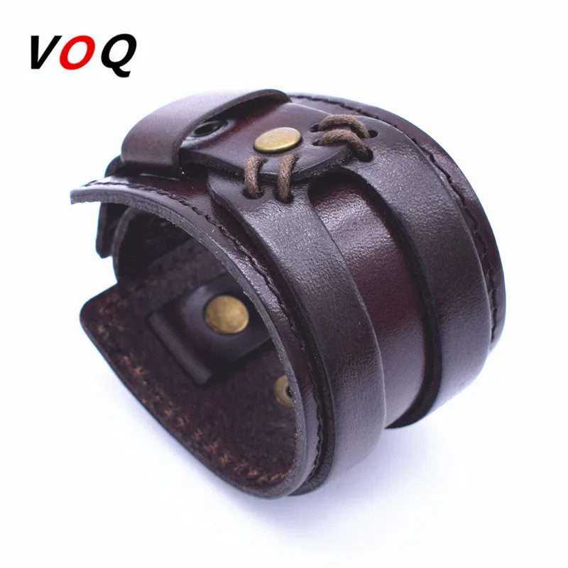 Leather Bracelet Punk Adjustable Button Cuff for Men