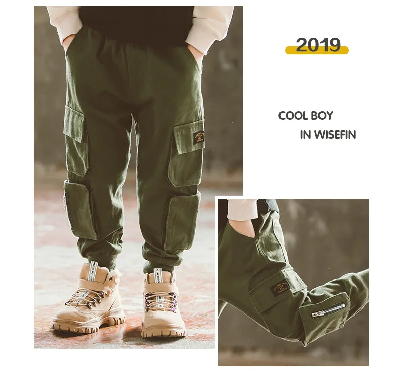 Spring Childrenswear BOY'S Pants Solid Color Large Pocket Bib Overall Big Virgin Pure Cotton Trousers