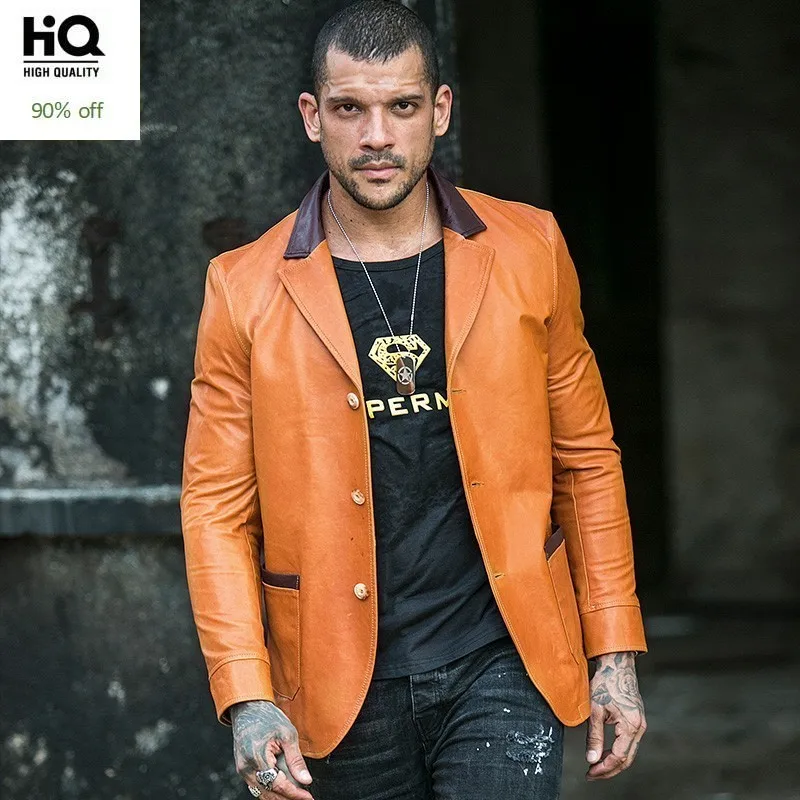 

Personality Chic Neckline Pockets Mens Slim Jackets Genuine Leather Long Sleeve Single Breasted Sheepskin Short Coats Plus Size