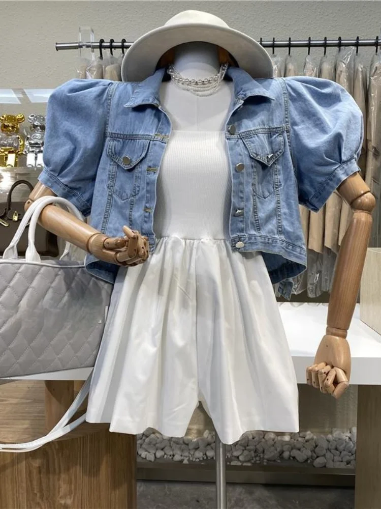 Chaqueta corta de mezclilla para mujer, Top corto de manga abombada, otoño - Image 6