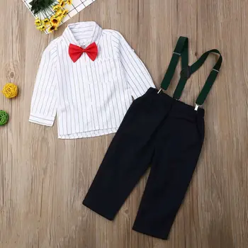 

Newborn Baby Boy Outfits Wedding Party Clothes Long Sleeve Striped Button Bowknot Romper T-shirt Tops+Pants 3PCS