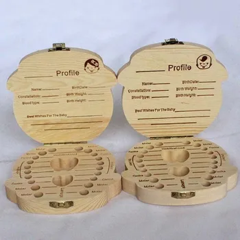 

NEW Wooden tooth box baby child tooth box storage box baby milk toothpick storage box Spain and English case