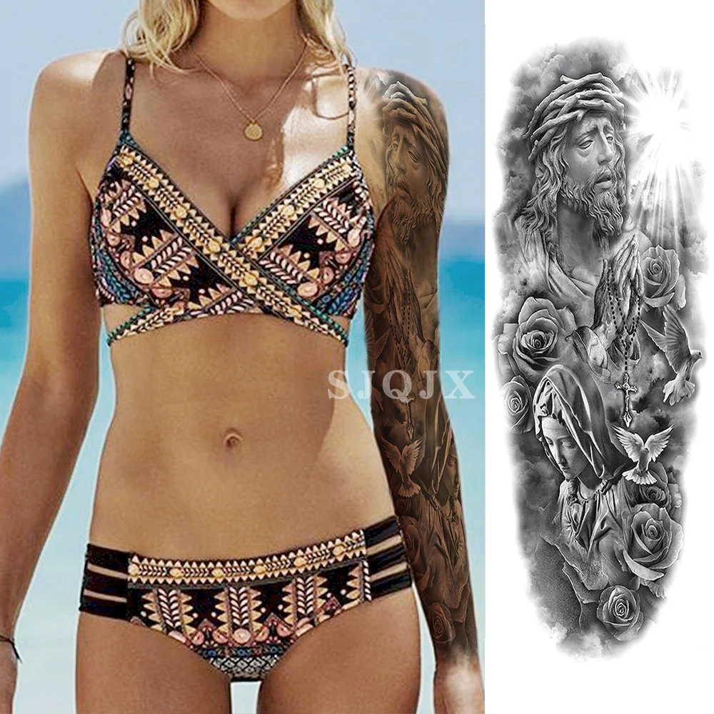 Temporary art body tattoo stickers watercolour immortal dragon flower figure animal cool black Full arm Waterproof fake tattoo - Цвет: Q