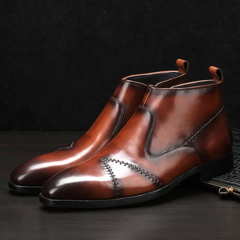 

Genuine Leather Chelsea Boots Men Cowhide Fashion Pointed Toe Ankle Booties Man Slip On Flats Shoes Size 37-46