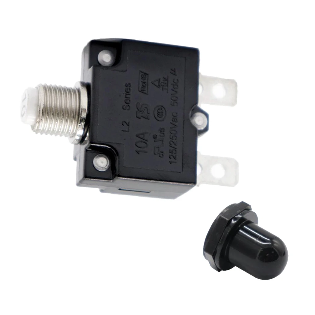 10A Push Button Reset Circuit Breaker, DC50V AC125-250V Thermal Overload Protector with Black Waterproof Button Cover