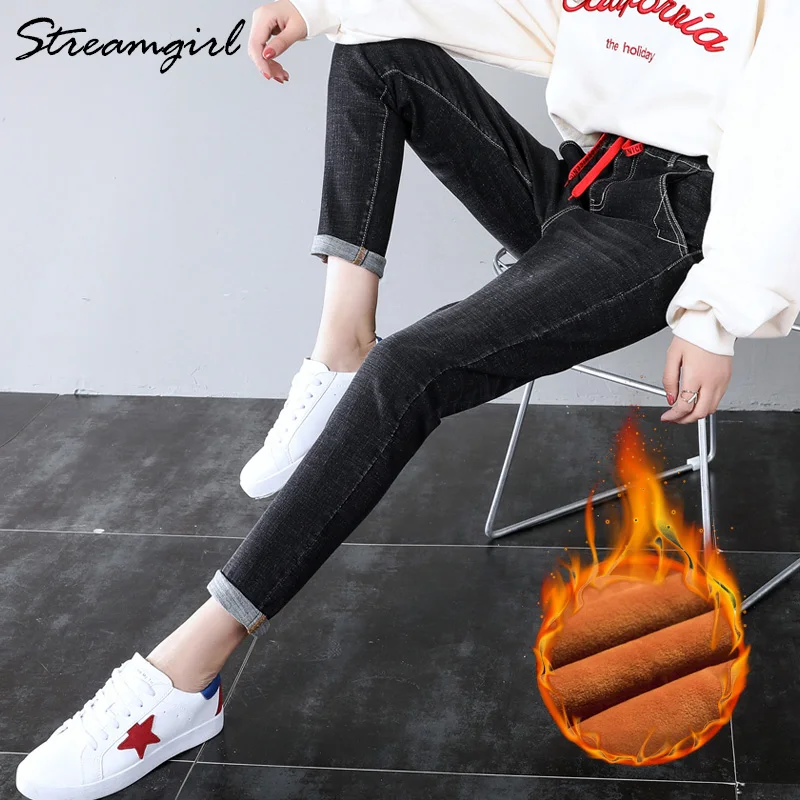 Зимние джинсы для женщин утепленные флисовые штаны высокая талия джинсовые