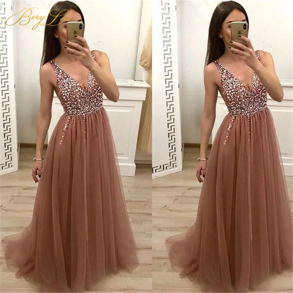 

Sexy Crystal Evening Dresses 2019 Beaded Tulle V Neck Evening Gowns Backless High Split Formal Evening Dresses Robe De Soiree