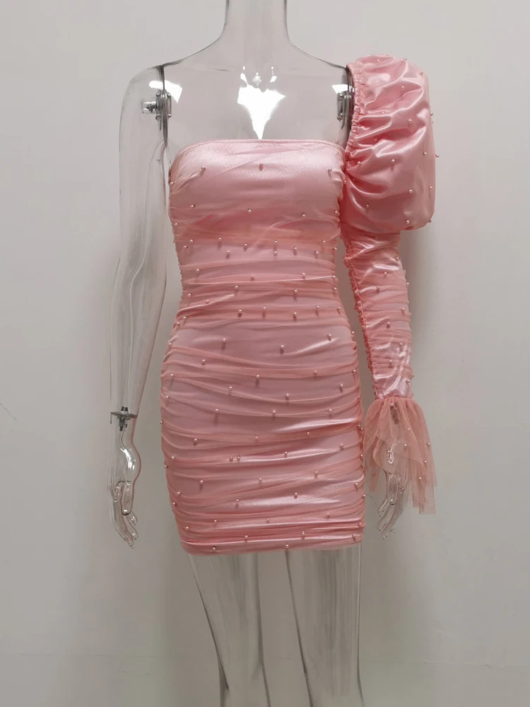 JillPeri, женское платье на одно плечо с пышными рукавами, сексуальное Сетчатое платье с вырезом лодочкой и жемчугом, стрейчевое платье-футляр, элегантные вечерние платья знаменитостей