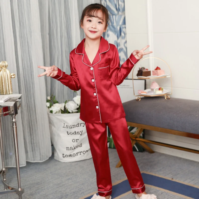 Childrens Boys Girls Ice Silk Pajamas Cardigan Long-sleeved Sleepwear Nightgown
