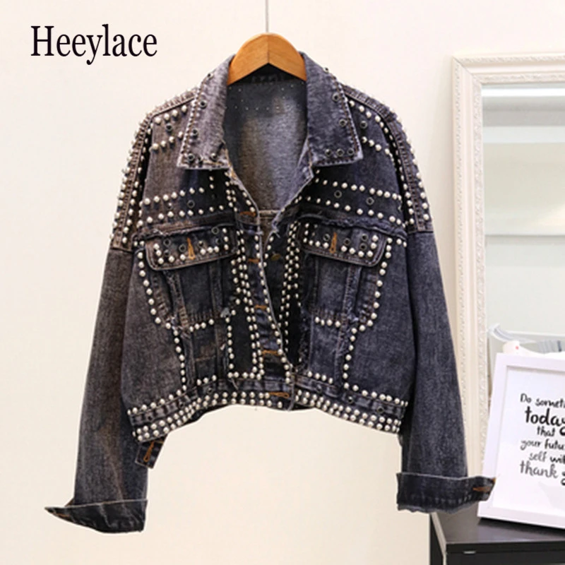 

Jacket Women 2019 Autumn Hand Rivet Studded Denim Jacket Loose Outwear Female New Students Casual Short Jeans Coats