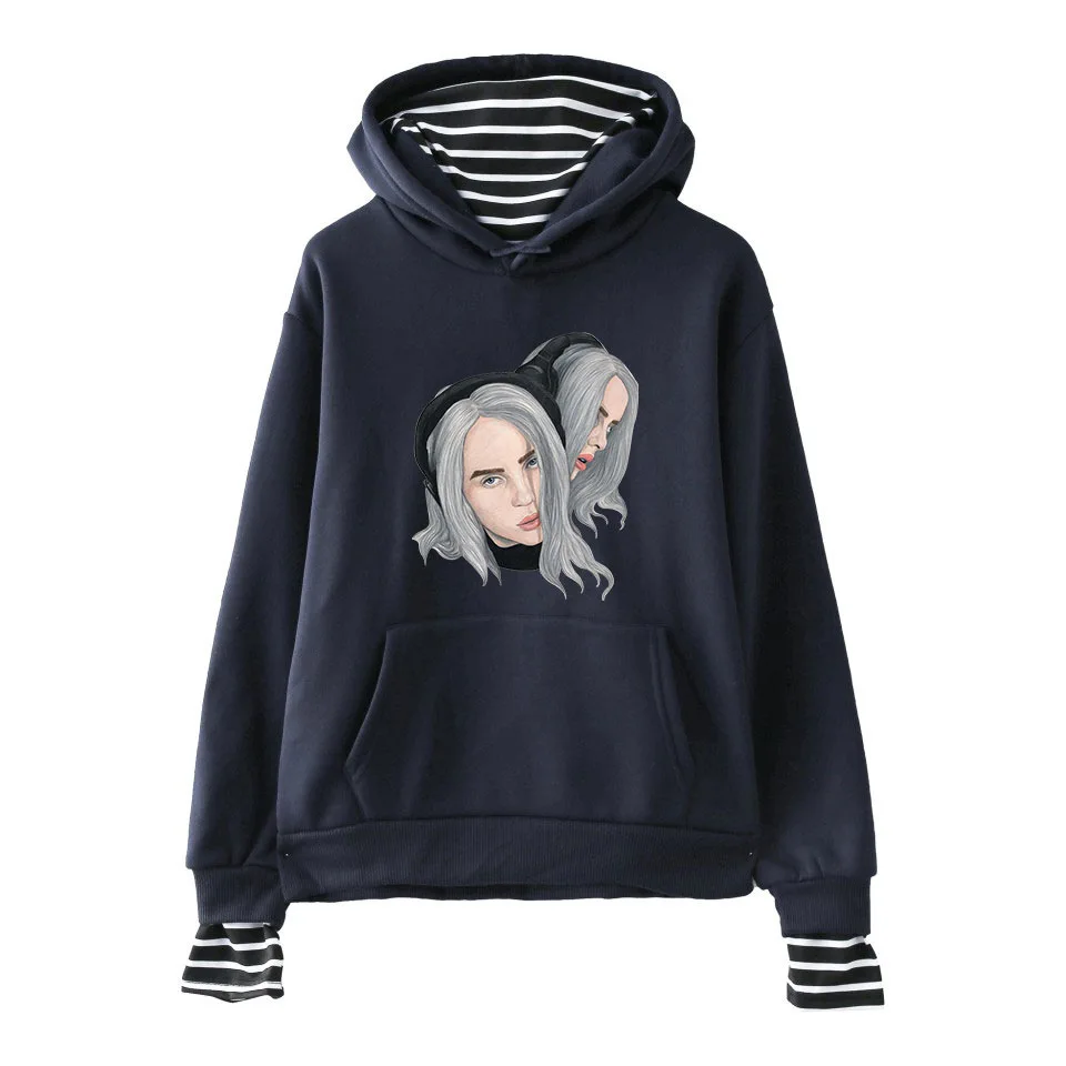 Billie Eilish, женская одежда в стиле хип-хоп, Осенний Хлопковый пуловер с круглым вырезом, Harajuku, для девочек, с длинным рукавом, в полоску, с манжетами, уличная одежда для девочек - Цвет: Navy - style 2