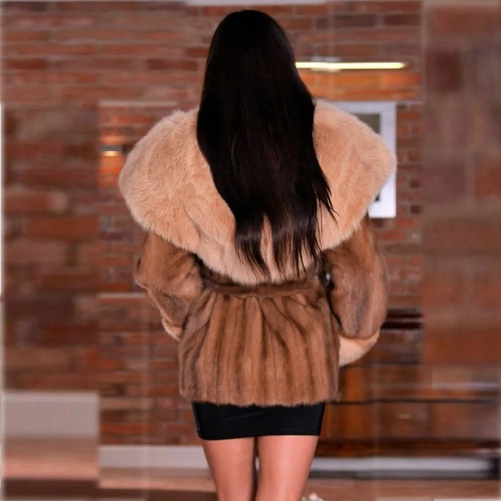 Natural Real Mink Fur Coat Famale Jackets New Long Style Lrage With hood Women Winter Warm Mink Fur Female Coat
