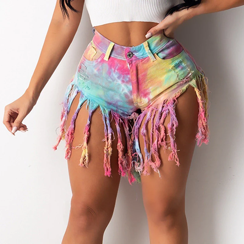 Tie Dye Print Women Tassel Denim Shorts 